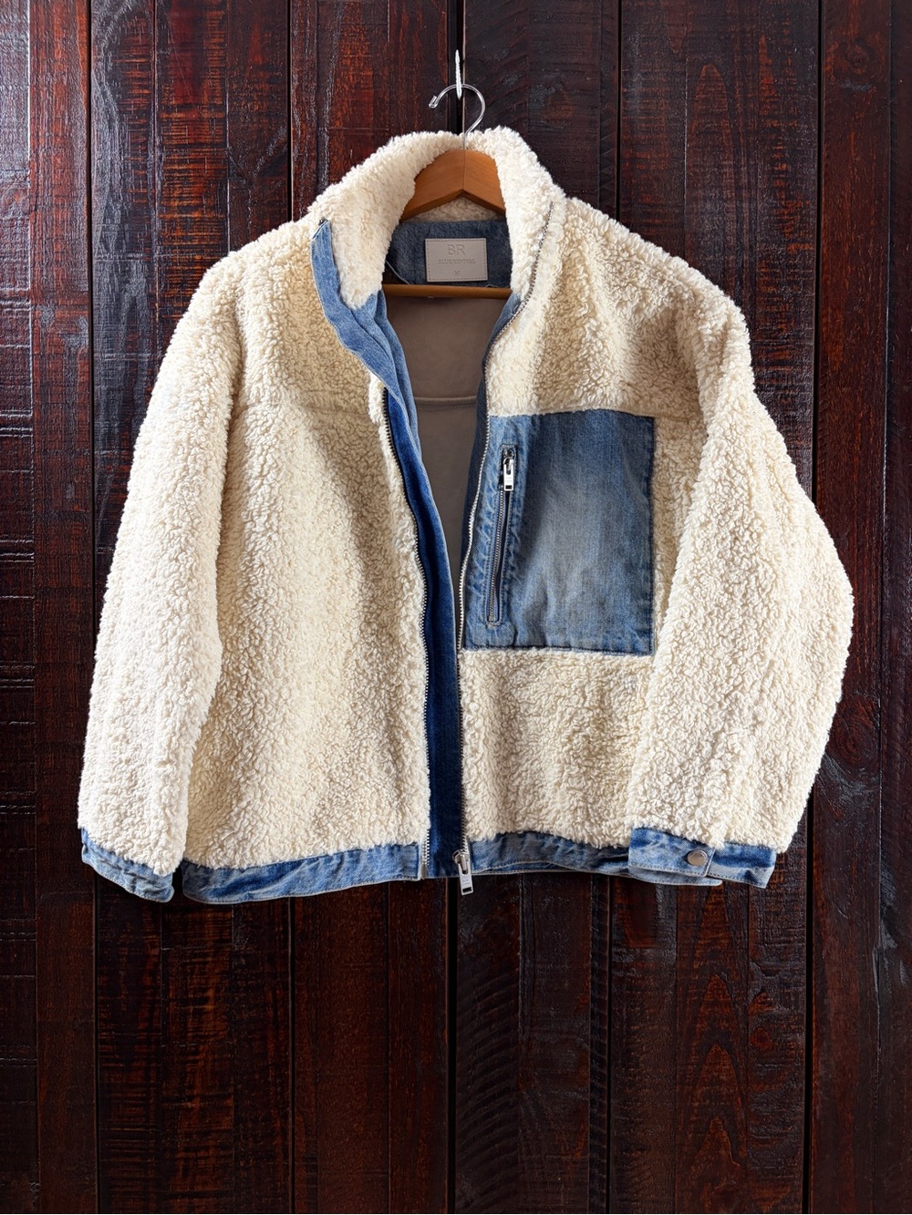 Blue Revival Cream Sherpa Jacket with Blue Denim Medium
